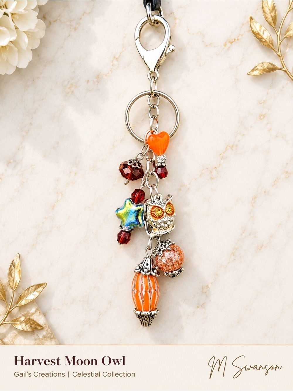 NEW One of a Kind Harvest Moon Owl Handmade Beaded Bag Charm Keychain (#43)